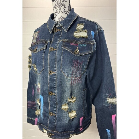Create 2MRW Jean Jacket Womens Sz Large Distressed Hand Painted Cotton Blue - Picture 1 of 13